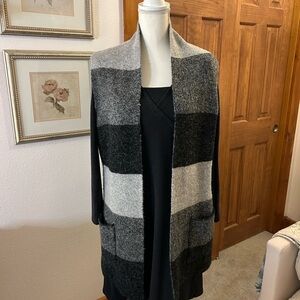 Striped Black and Gray Open Cardigan Vest